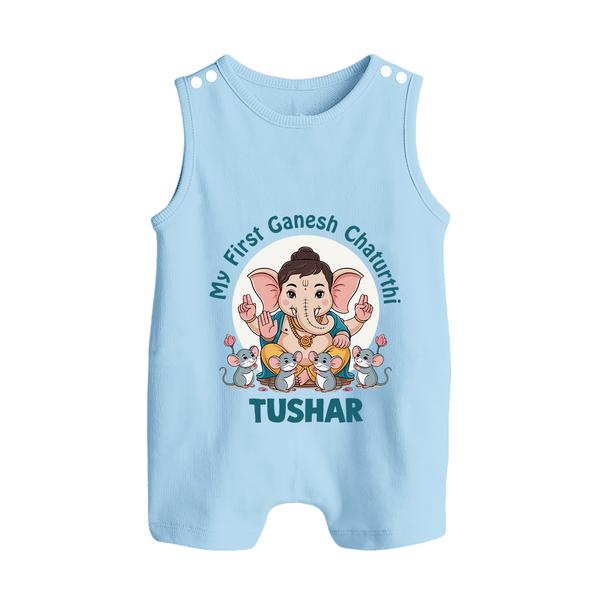 My First Baby Ganesha With Mouse Companion Printed Button Romper - BABY BLUE - New Born (Chest 18")