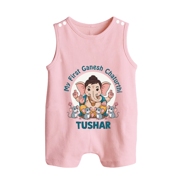 My First Baby Ganesha With Mouse Companion Printed Button Romper - BABY PINK - New Born (Chest 18")