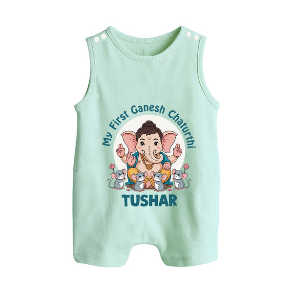 My First Baby Ganesha With Mouse Companion Printed Button Romper - MINT GREEN - New Born (Chest 18")