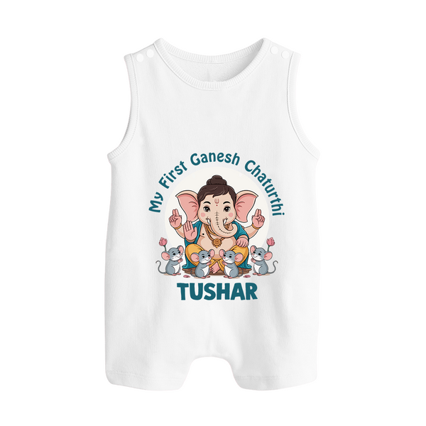 My First Baby Ganesha With Mouse Companion Printed Button Romper - WHITE - New Born (Chest 18")