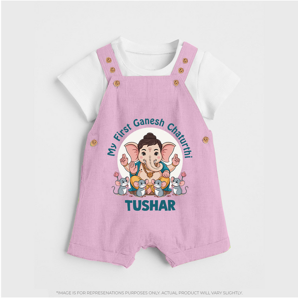 My First Baby Ganesha With Mouse Companion Printed Dungaree - BABY PINK - 0 - 5 Months Old (Chest 18")