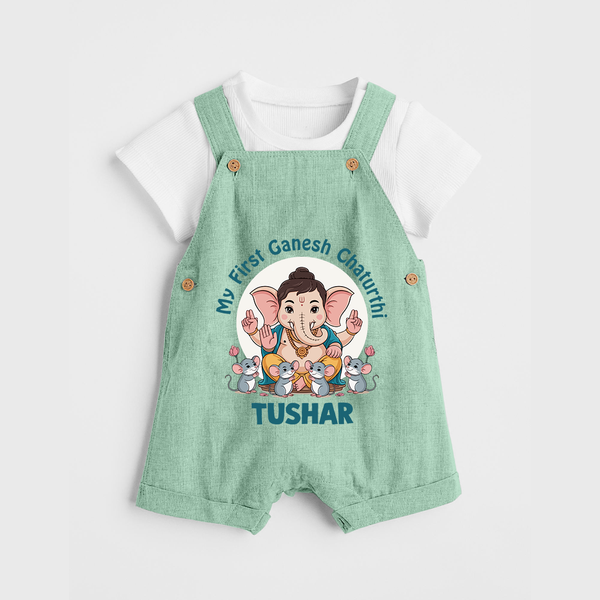 My First Baby Ganesha With Mouse Companion Printed Dungaree - MINT GREEN - 0 - 5 Months Old (Chest 18")