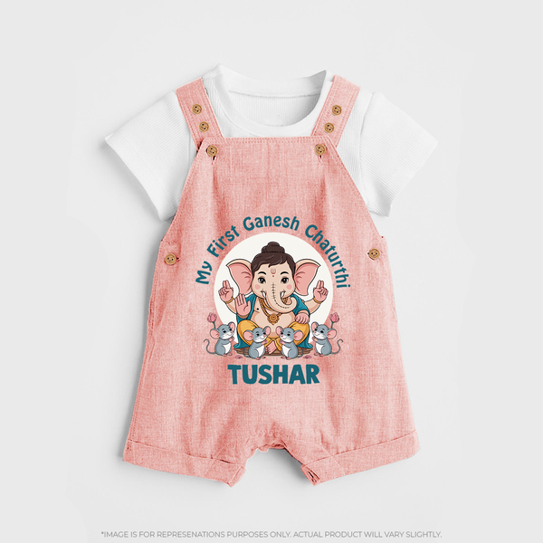 My First Baby Ganesha With Mouse Companion Printed Dungaree - PEACH - 0 - 5 Months Old (Chest 18")
