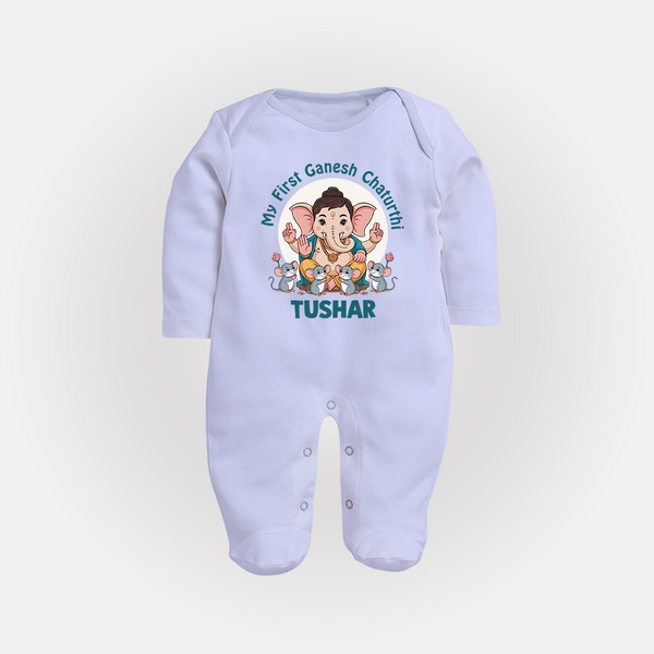 My First Baby Ganesha With Mouse Companion Printed Fullbody Suit - BABY BLUE - New Born (Chest 7.5")