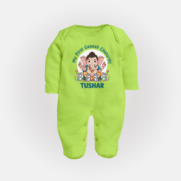 My First Baby Ganesha With Mouse Companion Printed Fullbody Suit - LIME GREEN - New Born (Chest 7.5")