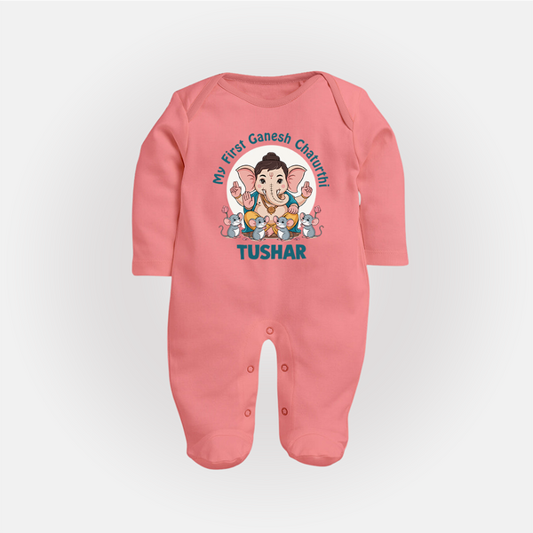 My First Baby Ganesha With Mouse Companion Printed Fullbody Suit - PEACH - New Born (Chest 7.5")