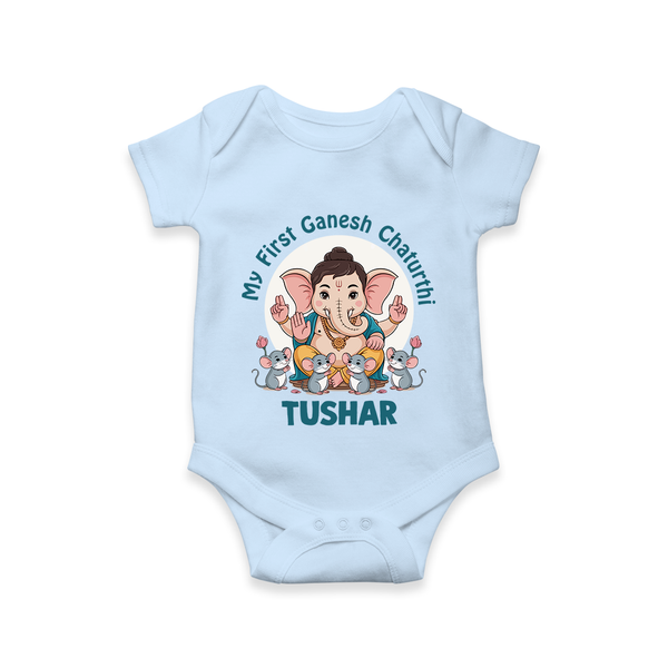 My First Baby Ganesha With Mouse Companion Printed Romper - BABY BLUE - New Born (Chest 14")