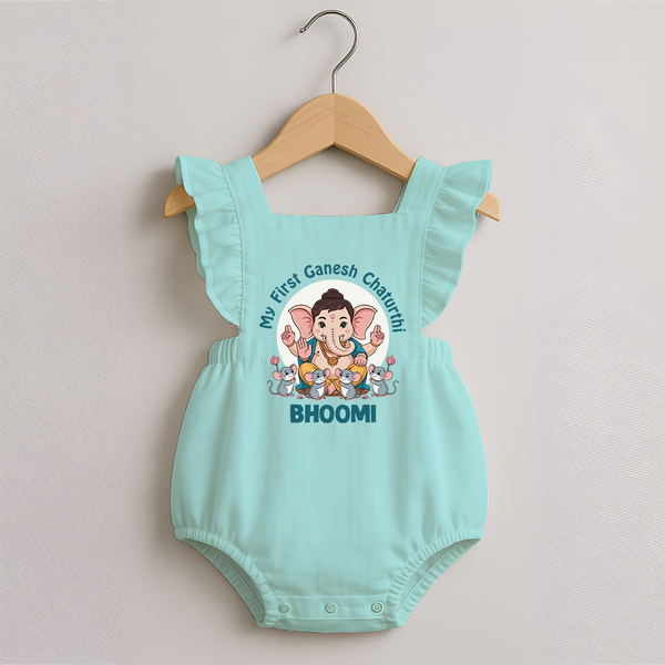 My First Baby Ganesha With Mouse Companion Printed Romper Frock - MINT GREEN - 0 - 3 Months Old (Chest 19")