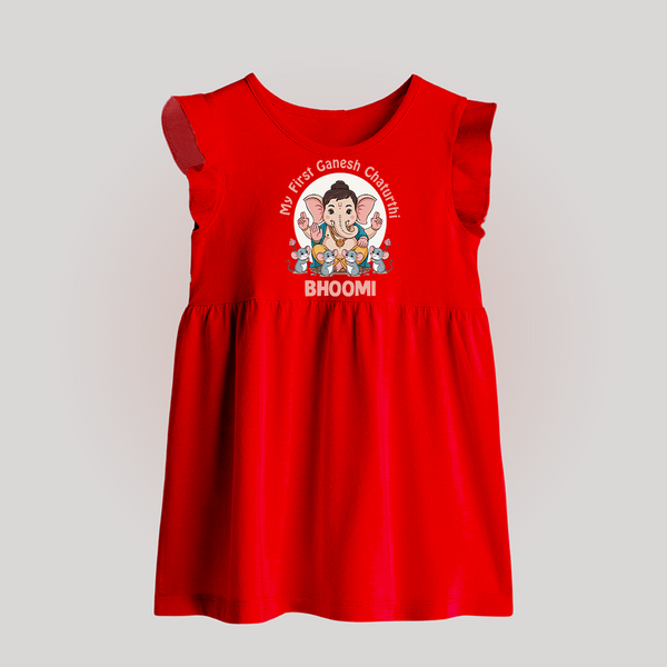 My First Baby Ganesha With Mouse Companion Printed Baby Frock - RED - 0 - 3 Months Old (Chest 17")