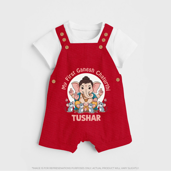 My First Baby Ganesha With Mouse Companion Printed Dungaree - RED - 0 - 5 Months Old (Chest 18")