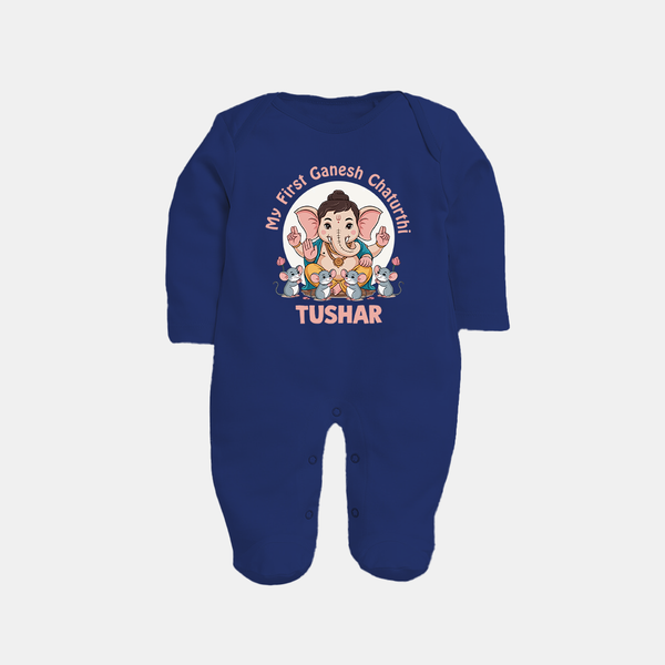 My First Baby Ganesha With Mouse Companion Printed Fullbody Suit - NAVY BLUE - New Born (Chest 7.5")