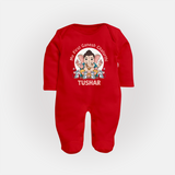 My First Baby Ganesha With Mouse Companion Printed Fullbody Suit - RED - New Born (Chest 7.5")