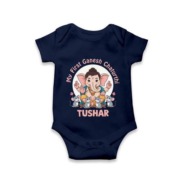My First Baby Ganesha With Mouse Companion Printed Romper - NAVY BLUE - New Born (Chest 14")