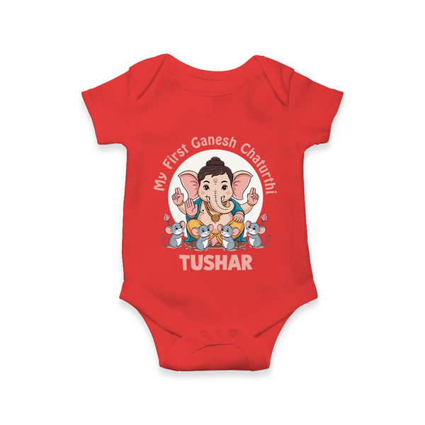 My First Baby Ganesha With Mouse Companion Printed Romper - RED - New Born (Chest 14")