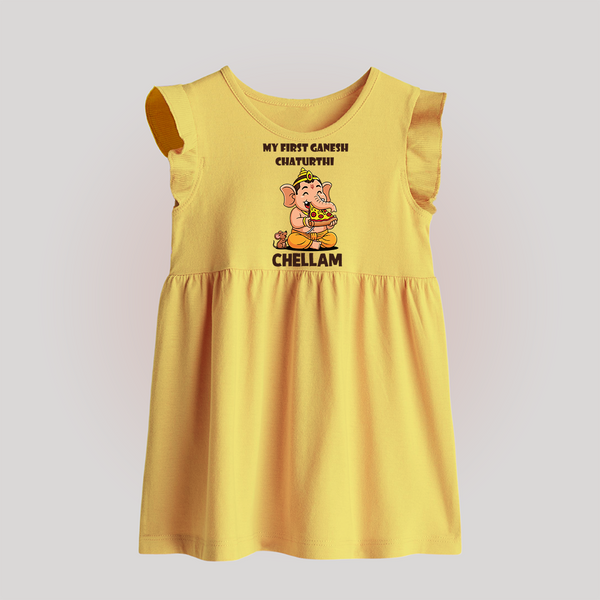 My First Little Ganesha Mouse Friendship Illustration Printed Baby Frock - PASTEL YELLOW - 0 - 3 Months Old (Chest 17")