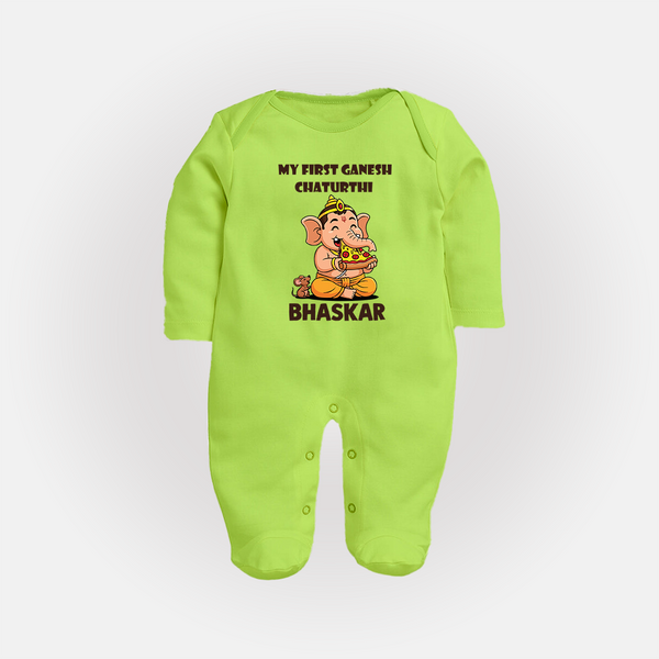 My First Little Ganesha Mouse Friendship Illustration Printed Fullbody Suit - LIME GREEN - New Born (Chest 7.5")