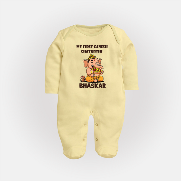 My First Little Ganesha Mouse Friendship Illustration Printed Fullbody Suit - PASTEL YELLOW - New Born (Chest 7.5")