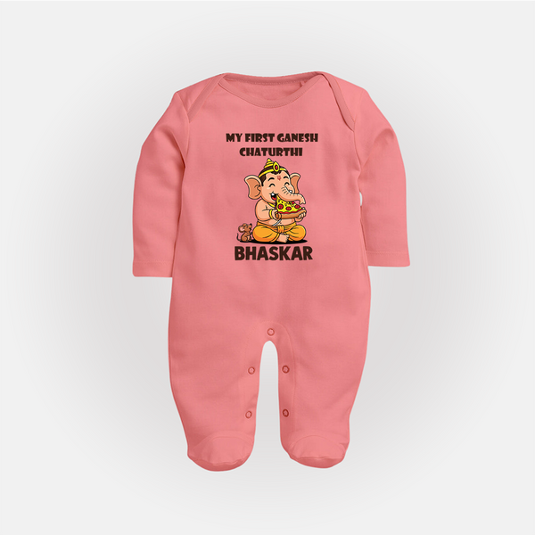 My First Little Ganesha Mouse Friendship Illustration Printed Fullbody Suit - PEACH - New Born (Chest 7.5")