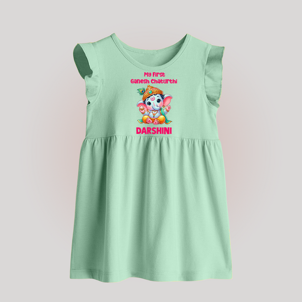 My First Ganesha Modak Celebration Printed Baby Frock - MINT GREEN - 0 - 3 Months Old (Chest 17")