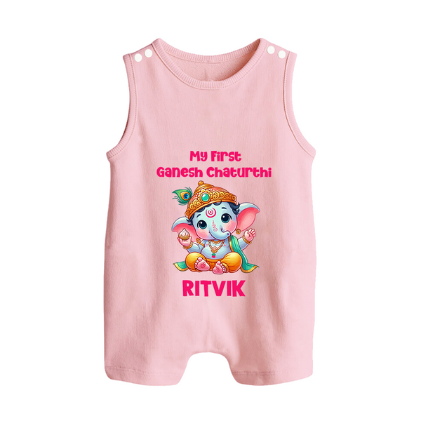 My First Ganesha Modak Celebration Printed Button Romper - BABY PINK - New Born (Chest 18")
