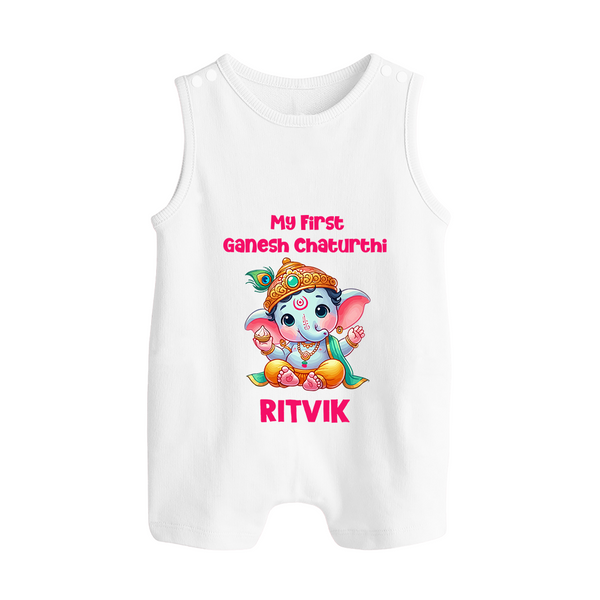 My First Ganesha Modak Celebration Printed Button Romper - WHITE - New Born (Chest 18")