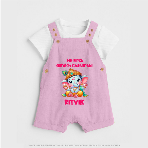 My First Ganesha Modak Celebration Printed Dungaree - BABY PINK - 0 - 5 Months Old (Chest 18")