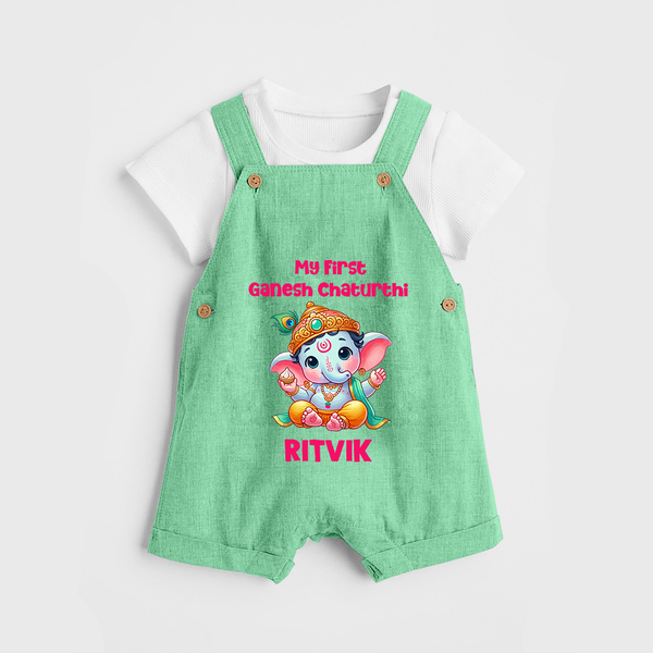 My First Ganesha Modak Celebration Printed Dungaree - GREEN - 0 - 5 Months Old (Chest 18")