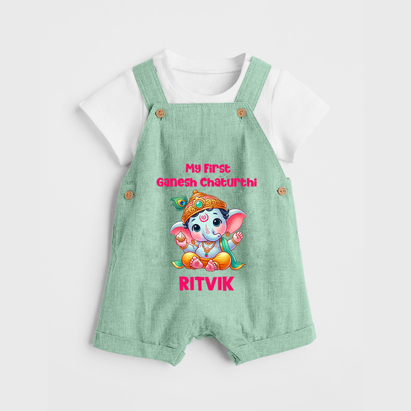 My First Ganesha Modak Celebration Printed Dungaree - MINT GREEN - 0 - 5 Months Old (Chest 18")