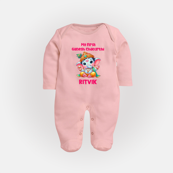 My First Ganesha Modak Celebration Printed Fullbody Suit - BABY PINK - New Born (Chest 7.5")