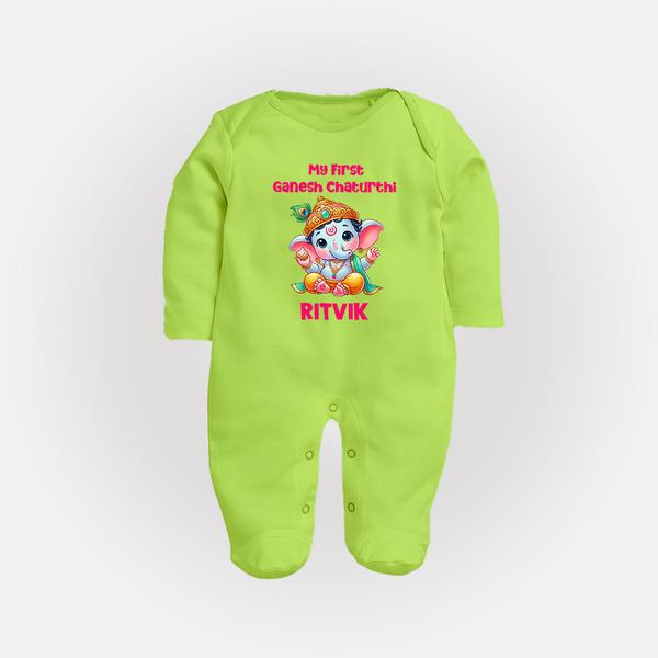My First Ganesha Modak Celebration Printed Fullbody Suit - LIME GREEN - New Born (Chest 7.5")
