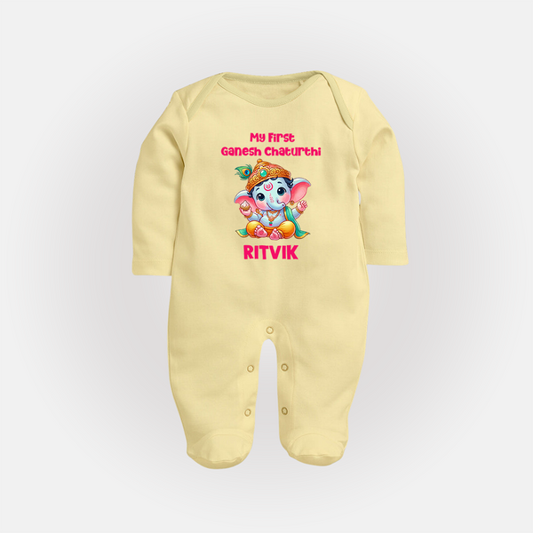 My First Ganesha Modak Celebration Printed Fullbody Suit - PASTEL YELLOW - New Born (Chest 7.5")