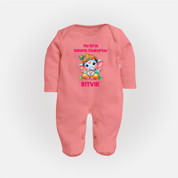 My First Ganesha Modak Celebration Printed Fullbody Suit - PEACH - New Born (Chest 7.5")
