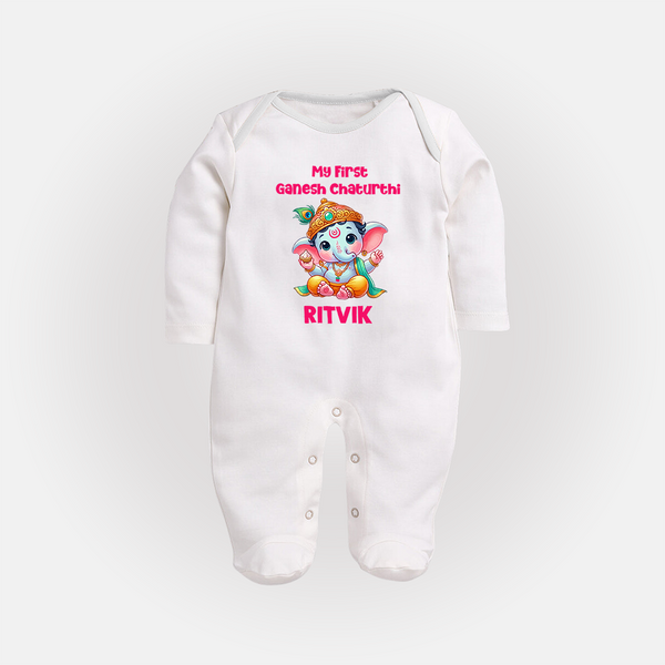 My First Ganesha Modak Celebration Printed Fullbody Suit - WHITE - New Born (Chest 7.5")