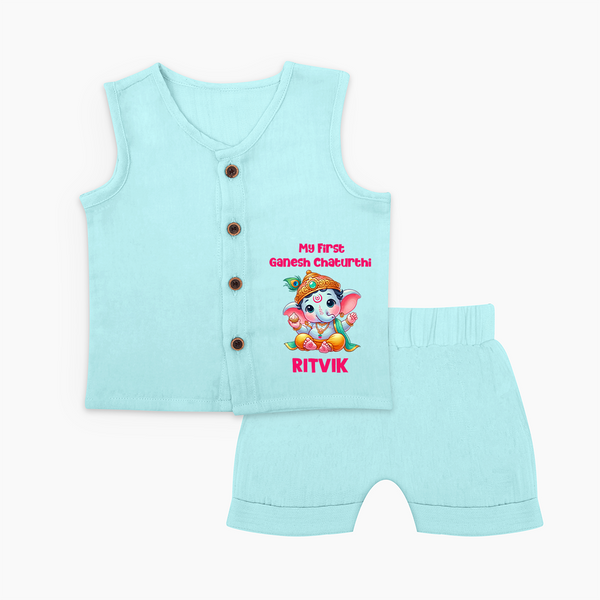 My First Ganesha Modak Celebration Printed Jabla Set - BABY BLUE - 0 - 3 Months Old (Chest 9.8")