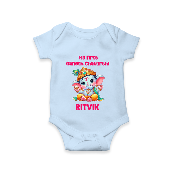 My First Ganesha Modak Celebration Printed Romper - BABY BLUE - New Born (Chest 14")