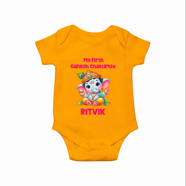 My First Ganesha Modak Celebration Printed Romper - CHROME YELLOW - New Born (Chest 14")