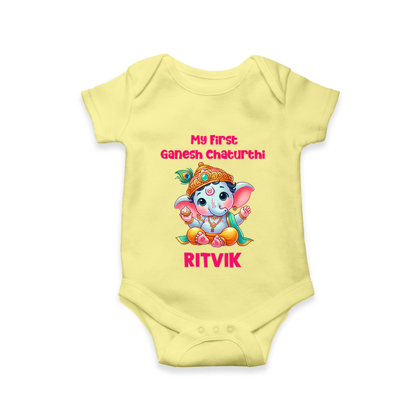 My First Ganesha Modak Celebration Printed Romper - PASTEL YELLOW - New Born (Chest 14")