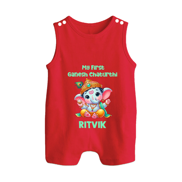 My First Ganesha Modak Celebration Printed Button Romper - RED - New Born (Chest 18")