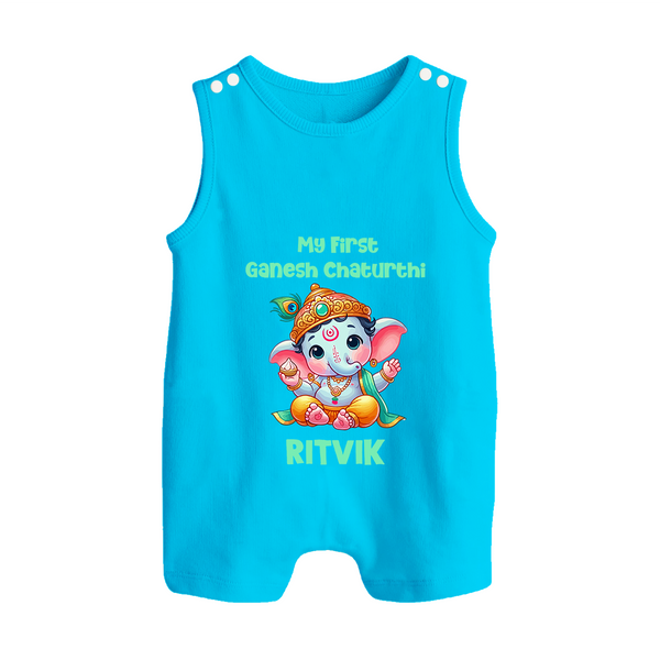 My First Ganesha Modak Celebration Printed Button Romper - SKY BLUE - New Born (Chest 18")