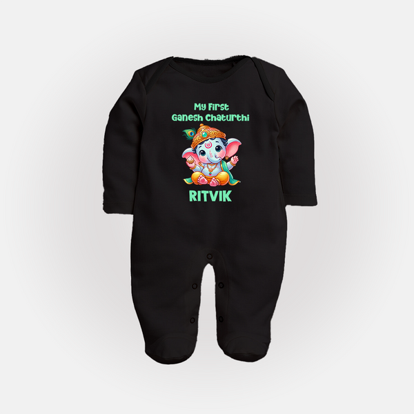 My First Ganesha Modak Celebration Printed Fullbody Suit - BLACK - New Born (Chest 7.5")