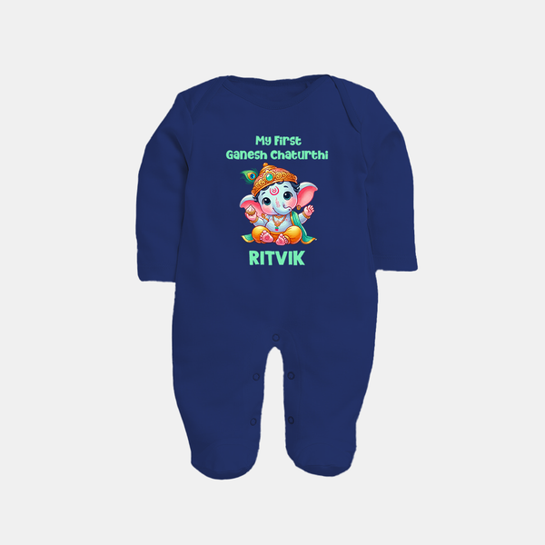 My First Ganesha Modak Celebration Printed Fullbody Suit - NAVY BLUE - New Born (Chest 7.5")