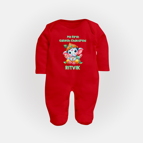 My First Ganesha Modak Celebration Printed Fullbody Suit - RED - New Born (Chest 7.5")