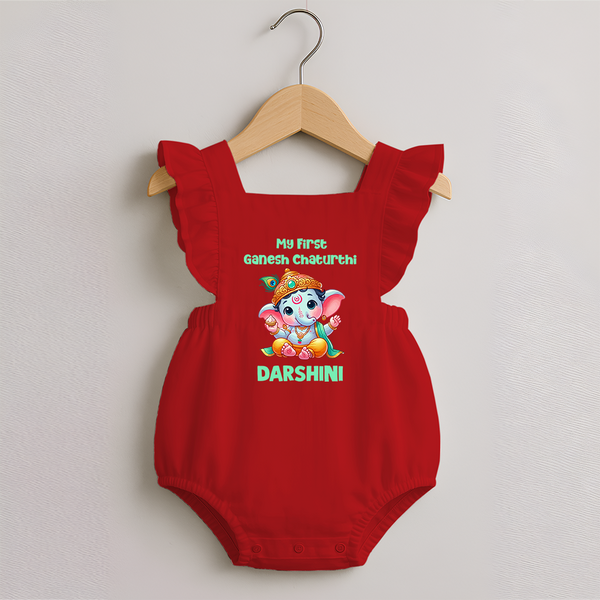 My First Ganesha Modak Celebration Printed Romper Frock - RED - 0 - 3 Months Old (Chest 19")