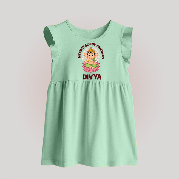 My First Cute Ganesha Festive Joy Illustration Printed Baby Frock - MINT GREEN - 0 - 3 Months Old (Chest 17")