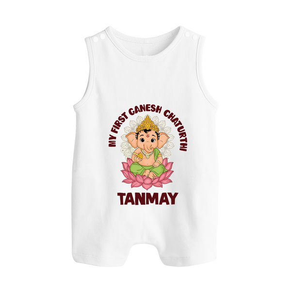 My First Cute Ganesha Festive Joy Illustration Printed Button Romper - WHITE - New Born (Chest 18")