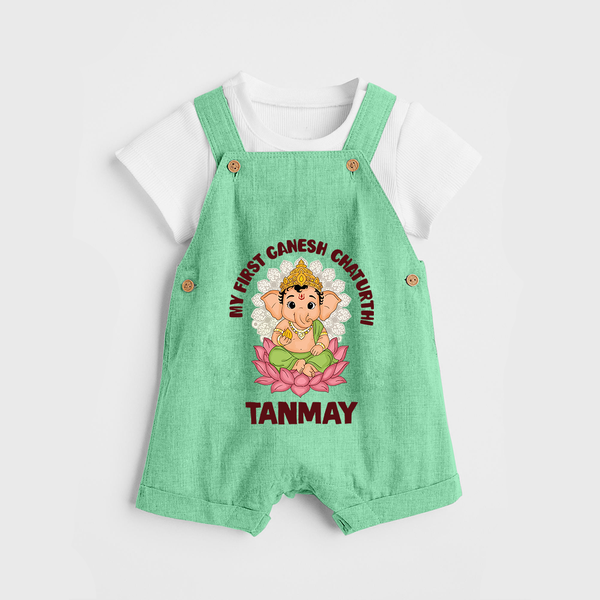 My First Cute Ganesha Festive Joy Illustration Printed Dungaree - GREEN - 0 - 5 Months Old (Chest 18")