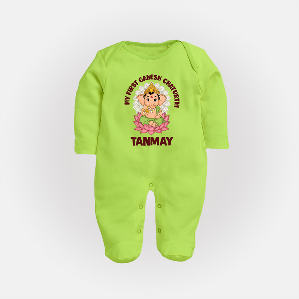 My First Cute Ganesha Festive Joy Illustration Printed Fullbody Suit - LIME GREEN - New Born (Chest 7.5")
