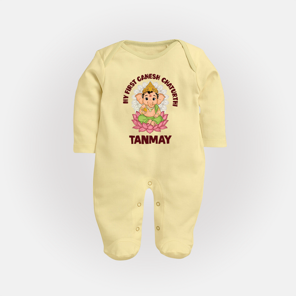 My First Cute Ganesha Festive Joy Illustration Printed Fullbody Suit - PASTEL YELLOW - New Born (Chest 7.5")