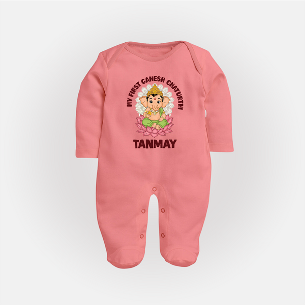 My First Cute Ganesha Festive Joy Illustration Printed Fullbody Suit - PEACH - New Born (Chest 7.5")