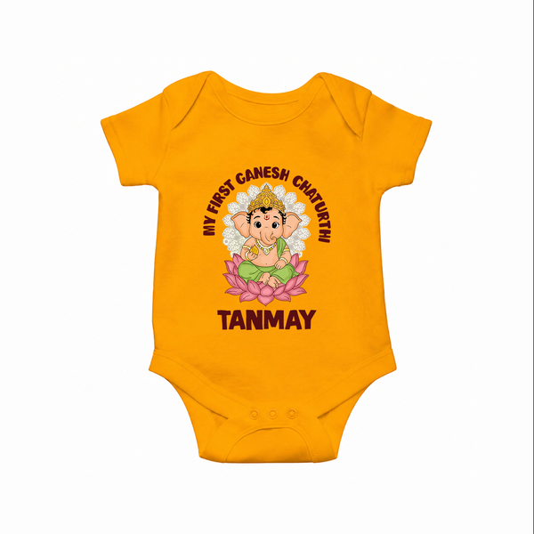 My First Cute Ganesha Festive Joy Illustration Printed Romper - CHROME YELLOW - New Born (Chest 14")